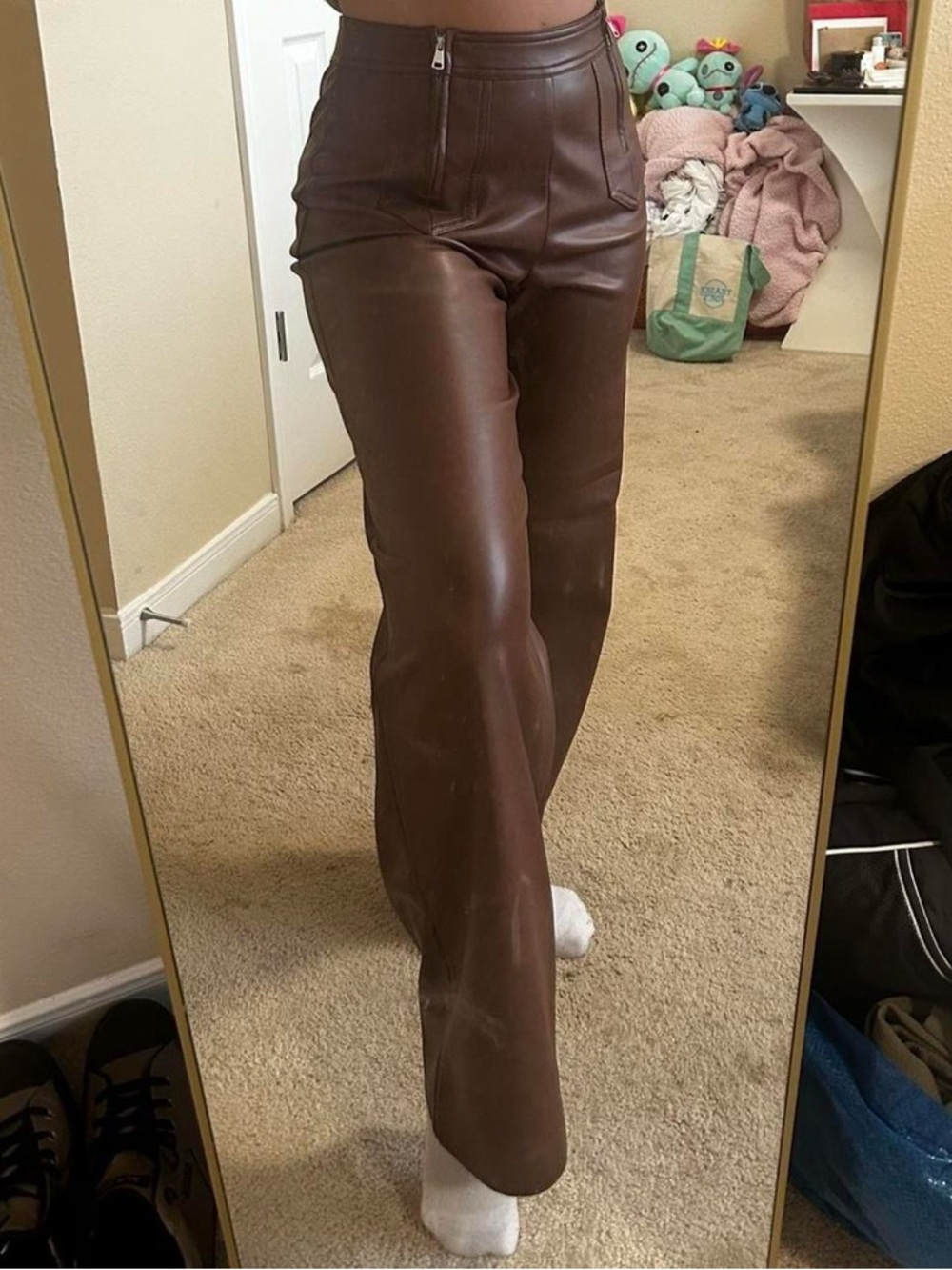 7 For All Mankind Brown faux leather pants with zipper front detailing